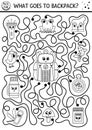 Black and white summer camp maze for children. Active holidays outline preschool printable activity. Family road trip labyrinth or