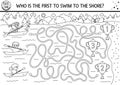 Black and white summer camp maze for children. Active holidays outline preschool printable activity. Nature trip or competition