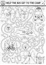 Black and white summer camp maze for children. Active holidays preschool outline printable activity. Family road trip labyrinth