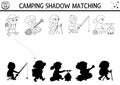 Black and white summer camp shadow matching activity with cute children. Family nature trip outline puzzle with hiking kids. Find