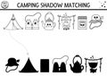 Black and white summer camp shadow matching activity with cute kawaii camping equipment. Family nature trip outline puzzle. Find