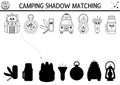 Black and white summer camp shadow matching activity with cute kawaii camping equipment. Family road trip puzzle. Find the correct