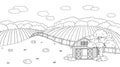 Black white summer spring farm doodle concept in countryside. Cartoon vector cute red barn with open doors, fence clouds, field, Royalty Free Stock Photo