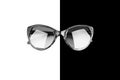 Black white sunglasses white black background isolated close up, monochrome dark sunglass, women glasses, female eyeglasses, style Royalty Free Stock Photo