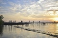 Black white sunset beach landscape behind the bridge Royalty Free Stock Photo