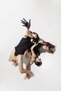 High angle view. Modern ballet performance. Group of modern dancers, art contemp dance, black and white, combination of