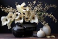 Black and white table with silver adorned calla lilies anemones and orchids, valentine, dating and love proposal image