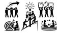 Black and white teamwork illustrations showing collaboration, target setting, idea sharing, puzzle solving concepts, and two Royalty Free Stock Photo