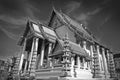 A black and white temple of the main ubosot of Wat Suthat temple in Bangkok, Thailand.
