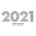 2021 black and white text with black paw doodle paw prints. Happy new year and merry Christmas greeting card