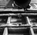 Black and White Textures in Old Wood and Iron Inside Abandoned Cannery Building