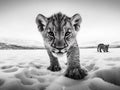 Black and White tiger cub in the snow staring into camera