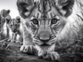 Black and White tiger cub staring into camera