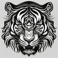 A black and white tiger's head on a gray background Tattoo design, coloring book page. Royalty Free Stock Photo