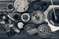 Black and white.Traditional Italian food. Pasta spaghetti with tomato sauce, olives and garnish with wine on the wooden table. Nat Royalty Free Stock Photo