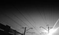 Black and white train power lines background Royalty Free Stock Photo