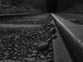 Black and white train tracks seen from below Royalty Free Stock Photo