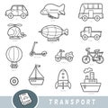 Black and white transport set, collection of vector items with names in English. Cartoon visual dictionary