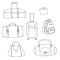 Black and white travel bags linear drawings set, vector
