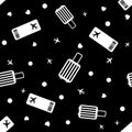 Black and white traveling repeating background seamless pattern with luggage airplanes and tickets vector in flat style Royalty Free Stock Photo