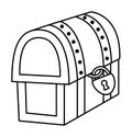 Black and white treasure chest icon. Pirate wooden coffer with jewelry and lock. Treasure island line element or coloring page