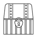 Black and white treasure chest icon. Pirate wooden coffer with jewelry and lock. Treasure island line element or coloring page Royalty Free Stock Photo