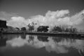 Black and white trees and clouds refection in water