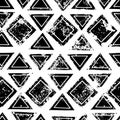 Black and white triangles and squares aged geometric ethnic grunge seamless pattern, vector Royalty Free Stock Photo