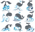 Black and white tribal art tattooig set of cartoon whales and sea waves