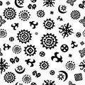 Black and white tribal seamless pattern African symbols. Hand drawn vector ethnic background with decorative elements.