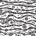 Black and white tribal seamless pattern. Wavy striped texture. Hand drawn vector ethnic background. Royalty Free Stock Photo