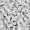 Black and white tropical hibiscus flowers and plants seamless pa Royalty Free Stock Photo