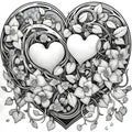 Black and white two hearts joined by roots, Kami stems and flowers with leaves. Heart as a symbol oection and love