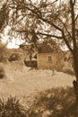 Black and white. Typical rural peasant houses in the village Alma Vii Almen Transylvania, Romania. Royalty Free Stock Photo