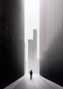 Black and white urban photography of a lonely businessman walking down a city street between tall buildings in the business distri