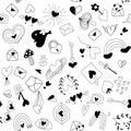 Black and white valentines day elements cute seamless pattern. Different hearts, rainbow, bird, envelope, lock, key