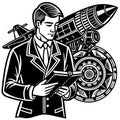 Black and white vector of aerospace engineer with rocket satellite and compass space exploration Royalty Free Stock Photo