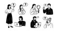 Black and white vector art of diverse people expressing confusion with question marks in speech bubbles and electronic devices Royalty Free Stock Photo