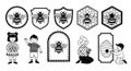 Black and white vector art set of children holding honey jar and bee hive with bee shield and hexagonal frame badges Royalty Free Stock Photo
