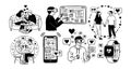 Black and white vector art showing couples in love using virtual reality headsets and smart devices in romantic social settings Royalty Free Stock Photo
