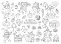 Black and white vector autumn animals set. Cute outline woodland collection. Fall season icons pack. Funny forest line