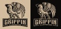 A black and white vector badge with a griffin