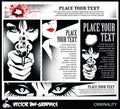 Black and white Vector banner. Girl with a gun. In the eyes of the skull