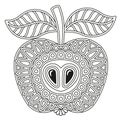 Black and white vector coloring book page for adults. Contour Apple fruit in a mandala style