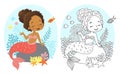 Black and white vector coloring for children. Illustration of beautiful girl mermaid african american ethnicity Royalty Free Stock Photo