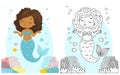 Black and white vector coloring for children. Illustration of beautiful girl mermaid african american ethnicity Royalty Free Stock Photo