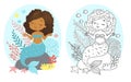 Black and white vector coloring for children. Illustration of beautiful girl mermaid african american ethnicity Royalty Free Stock Photo