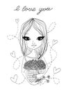 Black and white vector cute fashion sketch illustration with a beautiful girl holding a basket full of flowers, `I love you`.