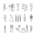 Black and white vector fireworks icons. Festival or party elements. Line carnival illustration. Firecracker set