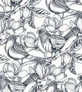 Black and white vector floral seamless pattern of magnolia flowers, branches and birds. Royalty Free Stock Photo